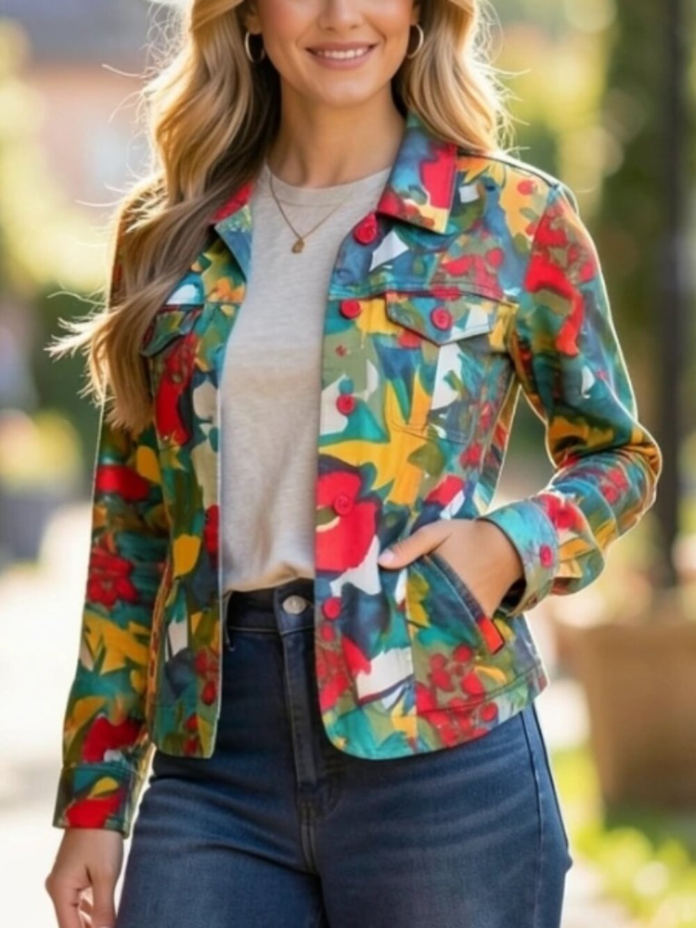 Coldwater Creek XS Painterly Artwear Statement Jacket Abstract Floral Boho Green